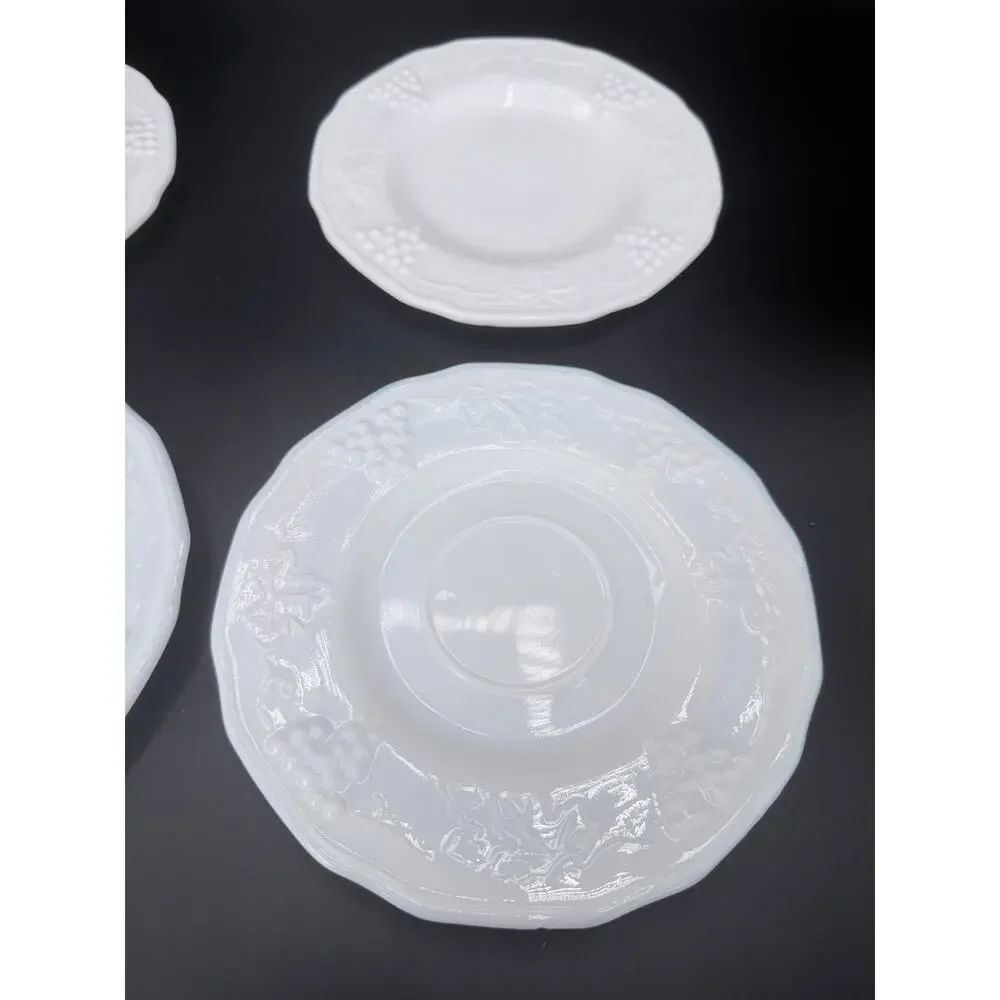 Vintage Indiana Glass Colony Harvest Grape Milk Glass Saucers Set 4 6.25in